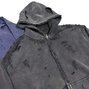 Sudaderas con capucha para hombre Sudadera con cremallera personalizada Blanqueamiento Lavado Hip Hop Streetwear Sudadera con capucha desgastada de gran tamaño Bordado CustomHoodies Hombres - Product Image 1