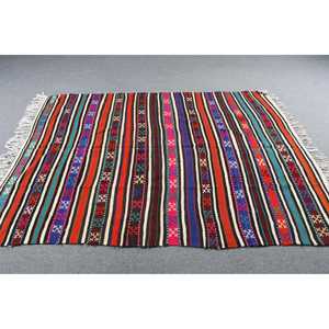 Tapis vintage 5,1 x 6,9 pieds, tapis turc abstrait rouge et bleu en laine - Product Image 3