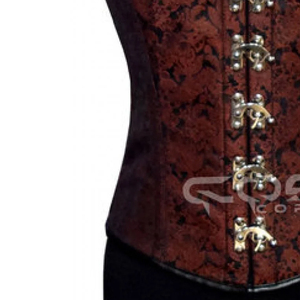 OEM Steel Boned Gothic Victorian Style <b>Brown</b> Brocade Overbust <b>Corset</b> Belt Rivet Black Trim Front Clasp Closure High Compression - Product Image 3