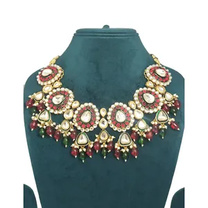 Conjunto de Collar Sencillo con Perlas Rojas y Verdes, Estilo Polki Kundan, Chapado en Oro Vintage sobre Cobre, Joyería Fina para Regalo de Boda, Piedra Principal de Diamante - Product Image 3