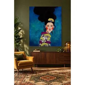 Fida, femme aux cheveux noirs volumineux sur fond bleu, impression sur toile - Product Image 5