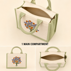 Wildflower Bouquet Embroidered Cotton Juco <b>Mini</b> Hamper <b>Bag</b> 9 x 6.5 x 4 Inch Sage Green Zipper Gift <b>Tote</b> - Product Image 4