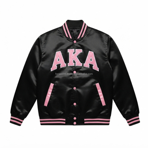 Vêtements pour femmes avec lettres grecques AKA, veste bomber décontractée en satin, patchs brodés, style sororité, vêtements grecs personnalisés - Product Image 1