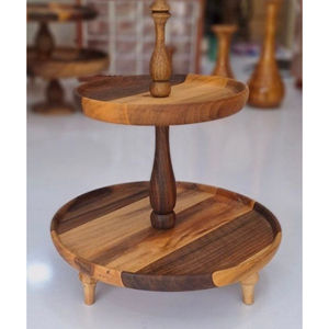 Support à gâteau en bois de haute qualité à 2 niveaux, plateau de service rond en bois d'acacia, plateau de présentation de desserts et de cupcakes pour buffet, mariage et maison - Product Image 1