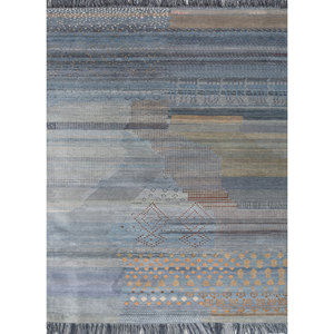 Tapis en laine et soie noué à la main Manchaha LSB-07 bleu, motif géométrique rectangulaire, pour la maison, le salon, la chambre, le couloir, tapis puzzle - Product Image 1