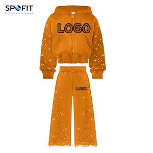 Fabricants de vêtements, broderie personnalisée usée, strass, pantalon de survêtement à cordon de serrage, coupe régulière, sweat-shirt à capuche, délavage acide, streetwear - Product Image 2