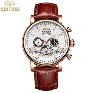 Groothandel duikers horloge-Kinyued J017 In Voorraad Mens Automatische Horloge Volledige Kalender Jaar Tourbillon Winder Diver Mechanische Luxe Lederen Horloges