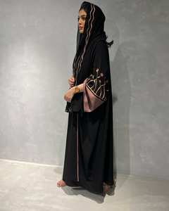 Handmade Black Silk Abaya with Beautiful <b>White</b> Embroidery Traditional Muslim <b>Party</b> Wear <b>for</b> Adults - Product Image 4