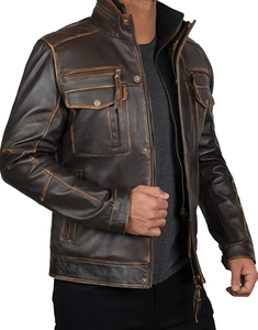 2024 <b>Men's</b> Stand Collar Classic Motorcycle Style Black Leather <b>Jacket</b> with Distressed Brown Cowhide Customizable Breathable - Product Image 3