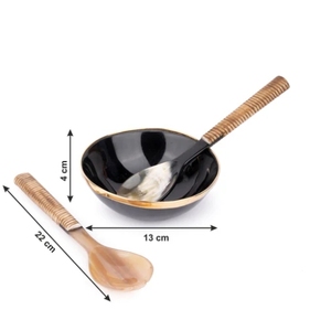 Bol de service en corne de buffle naturelle avec rebord en métal et un ensemble de cuillère et fourchette 5 pouces bol artisanal Vintage Home Decor - Product Image 3