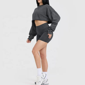 Gran oferta, Sudadera de cuello redondo holgada lisa de punto de manga larga con lavado ácido, ropa de calle Sexy para mujer, sudaderas con capucha recortadas - Product Image 3