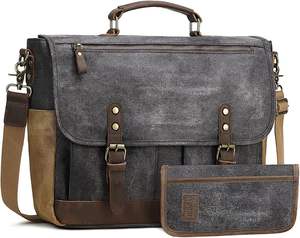 2PCS <b>Mens</b> Messenger <b>Bag</b> 15.6 Inch Genuine Leather Waxed Canvas Computer Laptop <b>Bag</b> Briefcase <b>Satchel</b> Shoulder <b>Bag</b> - Product Image 1