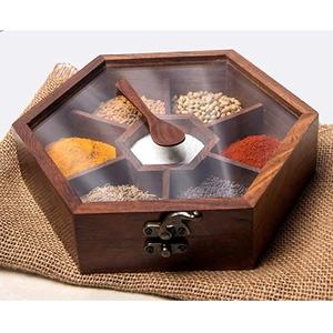 Boîte à épices hexagonale en bois d'acacia de qualité supérieure, fabriquée à la main, écologique, avec couvercle et cuillère pour une utilisation en cuisine - Product Image 5