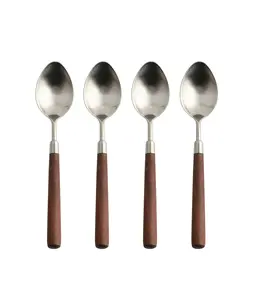 Cuillère à manche en bois rétro Cuillères à soupe de service en acier inoxydable Cuillère à dîner en bois Argenterie argentée avec manche marron 4 pièces. - Product Image 1