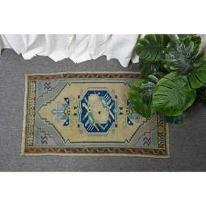 Vintage 1.6x2.6ft Bleu Beige Turc Laine Tapis Classique Grande Surface Rectangle Abstrait Motif Couloir Motif Latex Chambre Tapis - Product Image 1