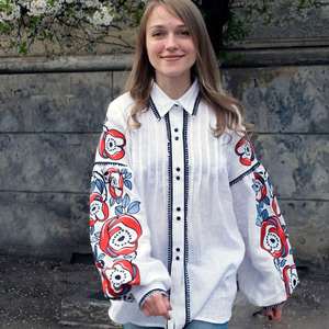 ชุดเดรสผ้าฝ้ายสีขาวมีสไตล์สำหรับผู้หญิงมีซิปแต่งพู่คอวียาวปักลายยูเครน - Product Image 3