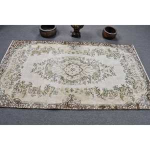 Tapis turc vintage 3.7 x 6.7ft fait à la main grande surface en laine Rectangle Patchwork Design pour couloir blanc Beige couleur latex soutenu - Product Image 3