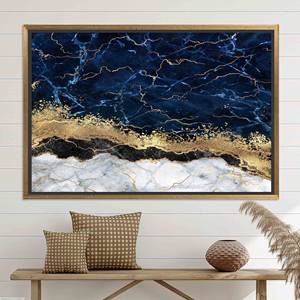 Tableau sur toile moderne imprimé bleu marine et or - Décoration murale élégante, toile encadrée en or - Product Image 1