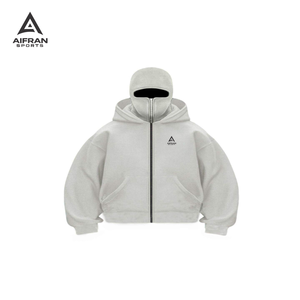 AIFRAN Custom Heavyweight White Full Zip Hoodie <b>Men</b>’s Streetwear <b>Balaclava</b> Mask Hoodie Blank Oversized Tech Fleece Jacket - Product Image 2