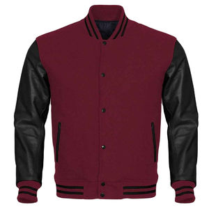 Chaqueta universitaria de alta calidad para hombre al por mayor, nuevo diseño, moda de invierno, forro polar de algodón, manga de cuero negro granate de dos tonos - Product Image 1