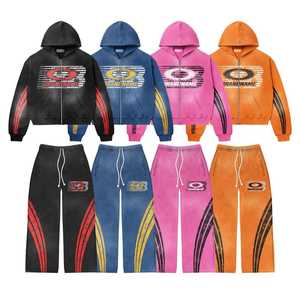 400 Gsm en détresse survêtements ensembles personnalisé Vintage empilé survêtements Flare acide lavage survêtements pantalons de survêtement et à capuche ensemble hommes - Product Image 6