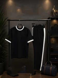 Ensemble t-shirt et jogging pour homme, noir, col rond, manches courtes, couleur unie, tenue décontractée d'été avec bordure blanche et taille à cordon de serrage - Product Image 6