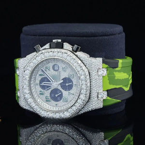 นาฬิกาโครโนกราฟแสดงแบบแอนะล็อกสุดหรูสายรัดยางสีเขียวเพชรเพชรเพชรแบบเพชรนาฬิกาสไตล์ฮิปฮอป - Product Image 3