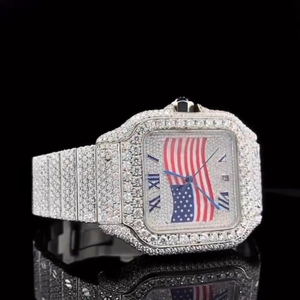 Hip Hop Luxueux Iced Out Drapeau Américain En Acier Inoxydable Moissanite Diamant Date Fonction Montre Patriotique pour Hommes et Femmes - Product Image 2