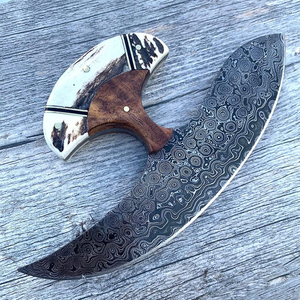 Couteau Ulu artisanal de qualité supérieure avec lame en acier Damas incurvée, manche en bois pour droitiers, pour la cuisine et le hachage à domicile - Product Image 2