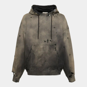 Tracksuit Men Vintage Cropped Zip Hoodie and Sweatpants Set <b>Distressed</b> Patch Embroidery Sun Faded Acid Wash Tracksuit - Product Image 4