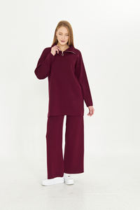 Ensemble de tricot uni à fermeture éclair deux pièces vêtements de sport surdimensionnés tenue quotidienne ensemble de survêtement à manches longues ensemble de tricot double élégant - Product Image 2