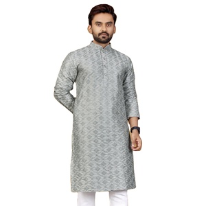 Kurtas en tela pesada de mezcla de algodón de seda pura con intrincado bordado a máquina con lentejuelas en la parte delantera y trasera - Product Image 1