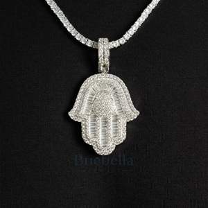 Hot Selling 14K White <b>Gold</b> Plated 925 Sterling Silver Baguette <b>Hamsa</b> Hand <b>Necklace</b> Pendant Moissanite Jewelry for Men - Product Image 3