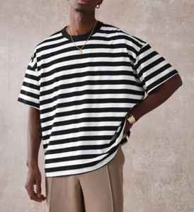 T-shirt décontracté tendance pour homme, 100% coton, col rond, coupe ample, rayé, jersey, manches courtes, mode estivale, streetwear - Product Image 2