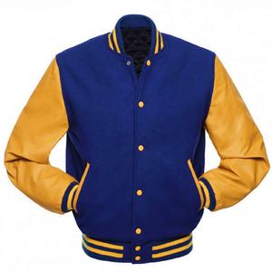 Royal Blue <b>Gold</b> <b>Wool</b> Body Varsity Jacket with Leather Sleeves Formal Coated Sports and Casual Wear at Wholesale Prices - Product Image 1