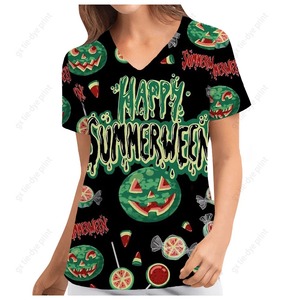 Top d'infirmière à manches courtes et col en V pour femmes Halloween Mode féminine décontractée Impression Top Protective Work Suit Medical Working Uniform - Product Image 2