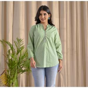 Blusa de Algodón Popelina de Alta Calidad para Mujer, Color Verde Pastel, Estilo Barik Butti con Botones Delanteros, Talla Única y Opciones de Talla XL Disponibles - Product Image 3
