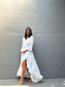 Vestido Maxi Blanco Tejido a Mano Estilo Bohemio, Ecológico, con Cintura Natural, Estilo Playero Fluido, Dobladillo con Volantes y Mangas Largas para Mujer - Product Image 4