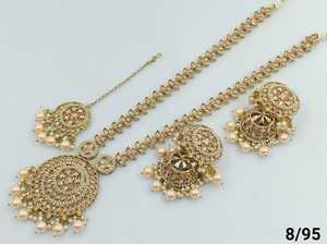 Conjunto de collar largo elegante chapado en oro de piedra tradicional india y de moda con pendiente Jumkha Mangtika conjunto de joyería para mujer - Product Image 4