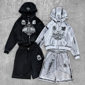 Distressed Zip UpVintage Acid Wash Heavyweight Full Zip Hoodie and Shorts Set Screen Printed Graphic Y2K Streetwear Tracksuit - Product Image 1