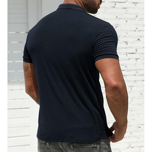 Men's Navy <b>Blue</b> Short Sleeve <b>Polo</b> <b>Shirt</b> Striped Knitted Casual Button Design Regular Fit - Product Image 2