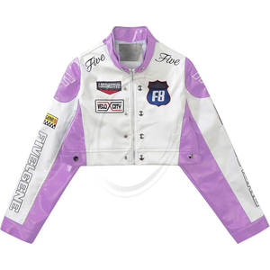 Varsity Jacket para mujer Color Block Bomber Vintage Crop Racing Chaquetas Chaqueta de cuero personalizada - Product Image 4