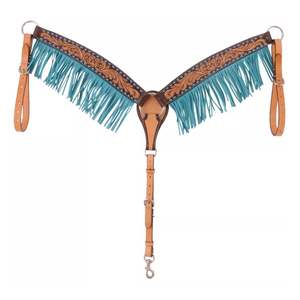 Collier de poitrine de serre-tête en cuir occidental de haute qualité Conception usinée florale durable avec des produits de cheval de point de Buck de frange bleue - Product Image 2