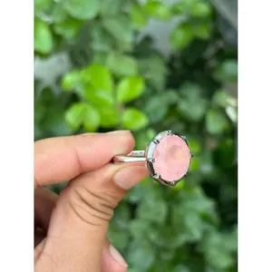 10K Gold and 925 Silver Rose Quartz Cocktail <b>Ring</b> with Bezel Setting Geometric <b>Statement</b> <b>Ring</b> for Parties Rhodium Plated - Product Image 1