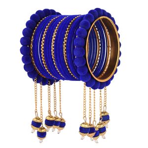 Joyería tradicional india Brazalete de terciopelo WithFaux Pearl Beaded Hanging Tassesl Indian Bridal Wholesale Bangle Set, Blue - Product Image 6