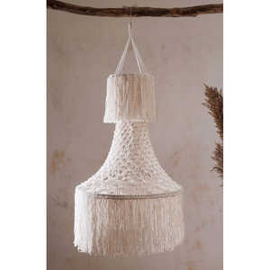 Lustre Bohème Fait Main en Macramé, Abat-jour E26, Luminaire Suspendu à Franges en Corde de Coton Blanc Chaud pour Îlot de Cuisine, Tailles Moyennes - Product Image 1