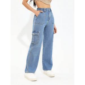 Pantalon cargo en jean stretch écologique de luxe taille haute Y2K bleu glace pour femme, multipoches, coupe droite, style décontracté urbain - Product Image 4