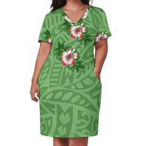 Robe polynésienne pour femmes, style samoan, col en V personnalisé, jupe midi avec poche, design 2024 - Product Image 1