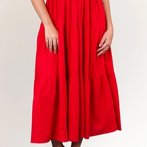 Robe midi en coton rouge pour femme, respirante, élégante, col carré, style modeste, tailles XS-XL, longueur genou, pour la journée - Product Image 1