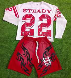 Ensemble survêtement en jersey personnalisé T-shirt à manches doubles avec sérigraphie de détresse Ensemble t-shirt short à manches longues Boxy délavé à l'acide - Product Image 1